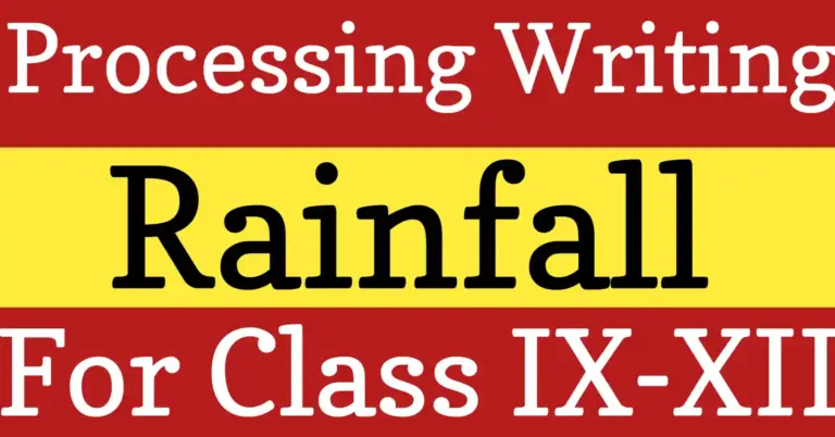 Diagram showing rainfall processing writing steps including evaporation, condensation, and precipitation in simple student-friendly format.